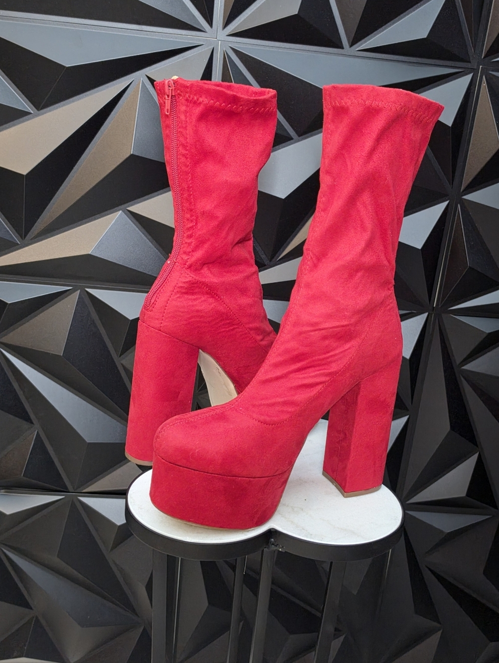 Red Platform Sock Boots - Women's High Block Heel